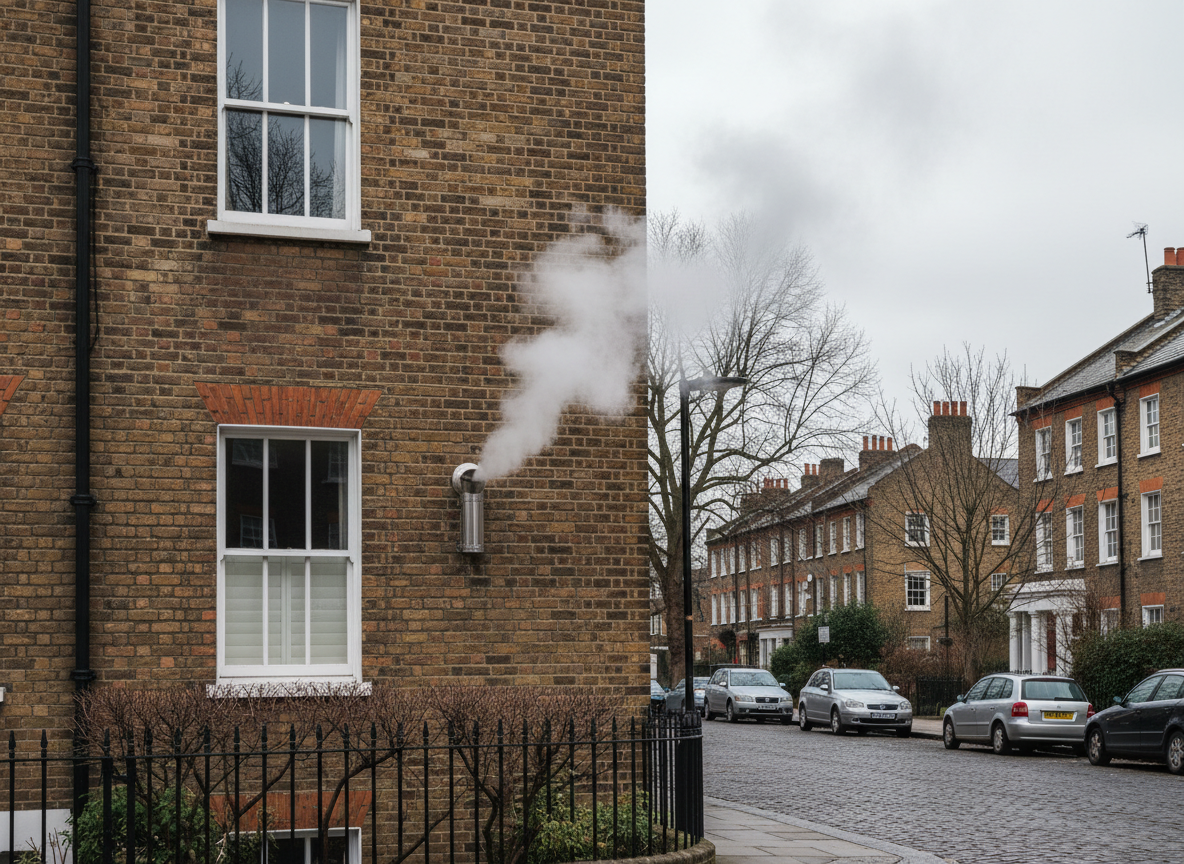 White steam plume coming from a modern condensing boiler flue