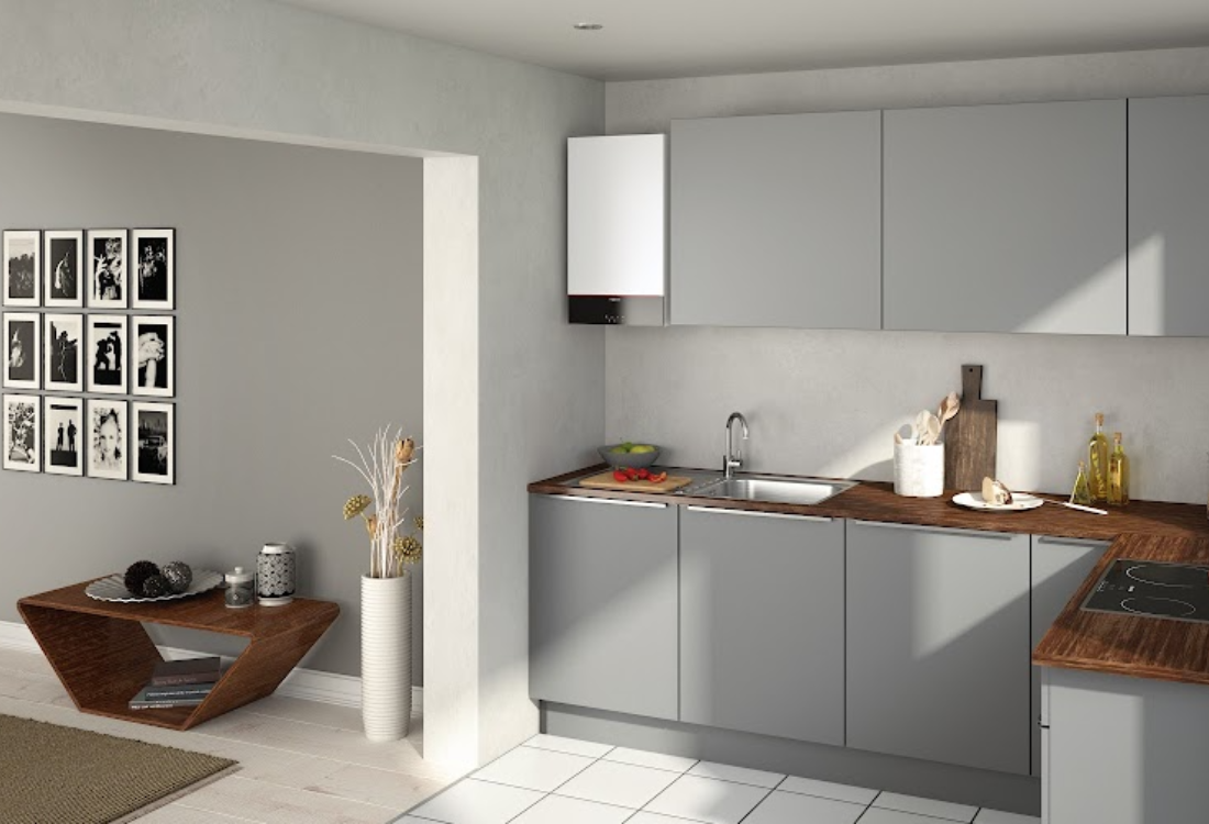 New combi boiler installation in the corner of a kitchen.