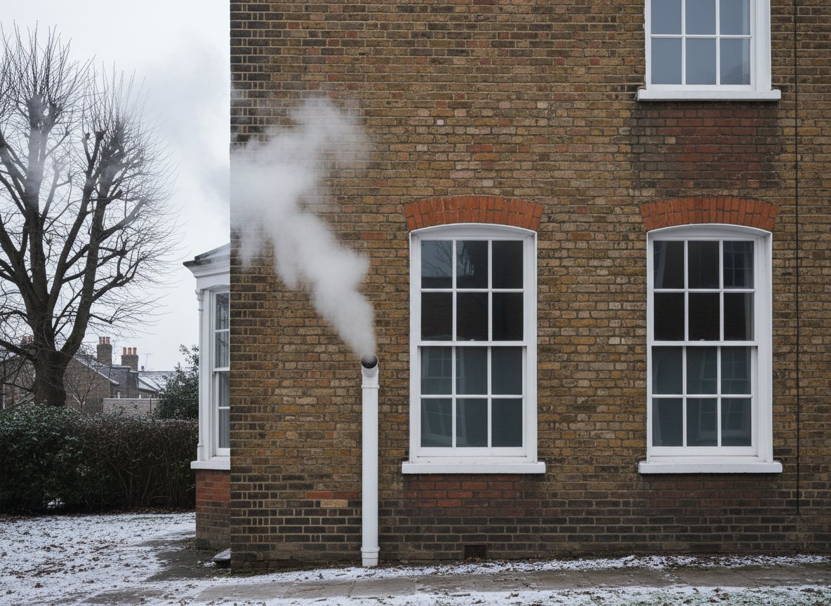 White steam plume coming from a modern condensing boiler flue